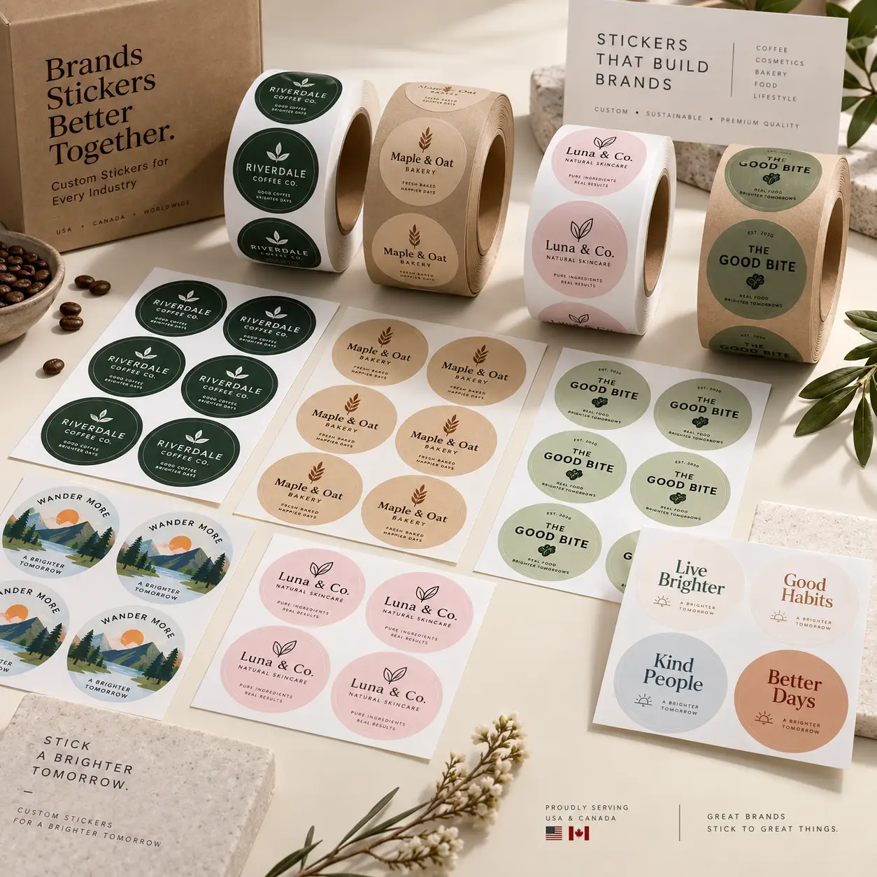 Custom branded sticker rolls and sheets in green, tan, pink for coffee, bakery, skincare brands by The Packaging Masters
