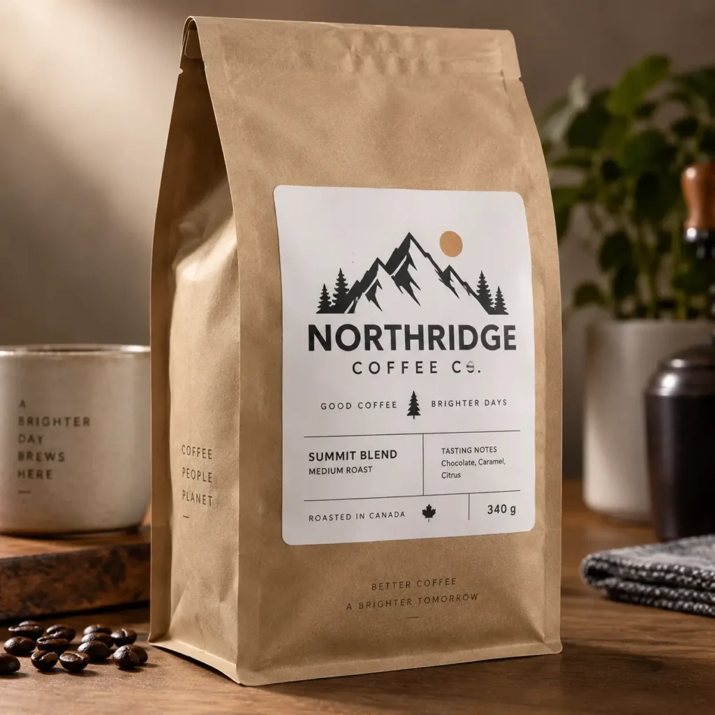 Kraft coffee bag packaging design for Northridge Coffee Co. Summit Blend medium roast, mountain logo, 340g, roasted in Canada