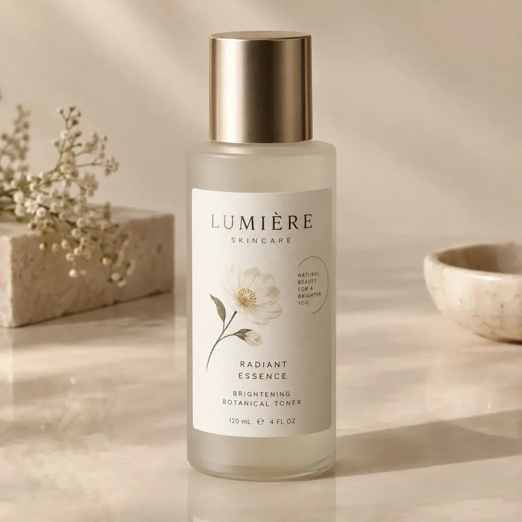 Lumière Skincare Radiant Essence Brightening Botanical Toner 120ml frosted glass bottle gold cap luxury packaging design