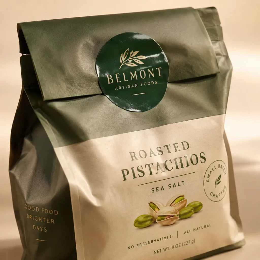 Belmont Artisan Foods roasted pistachios sea salt packaging, olive green kraft bag, small batch crafted, 8oz artisan food branding design