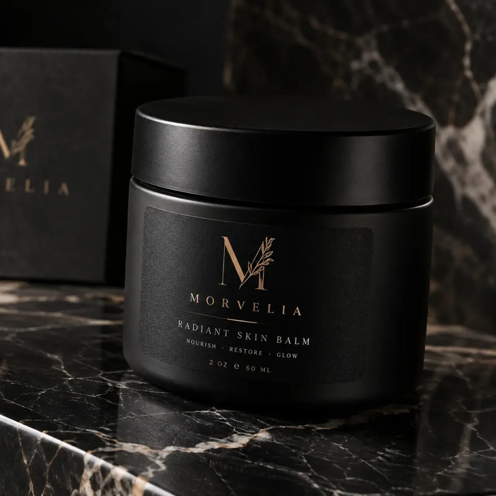 Morvelia Radiant Skin Balm matte black luxury jar with gold logo on dark marble surface, premium skincare packaging design