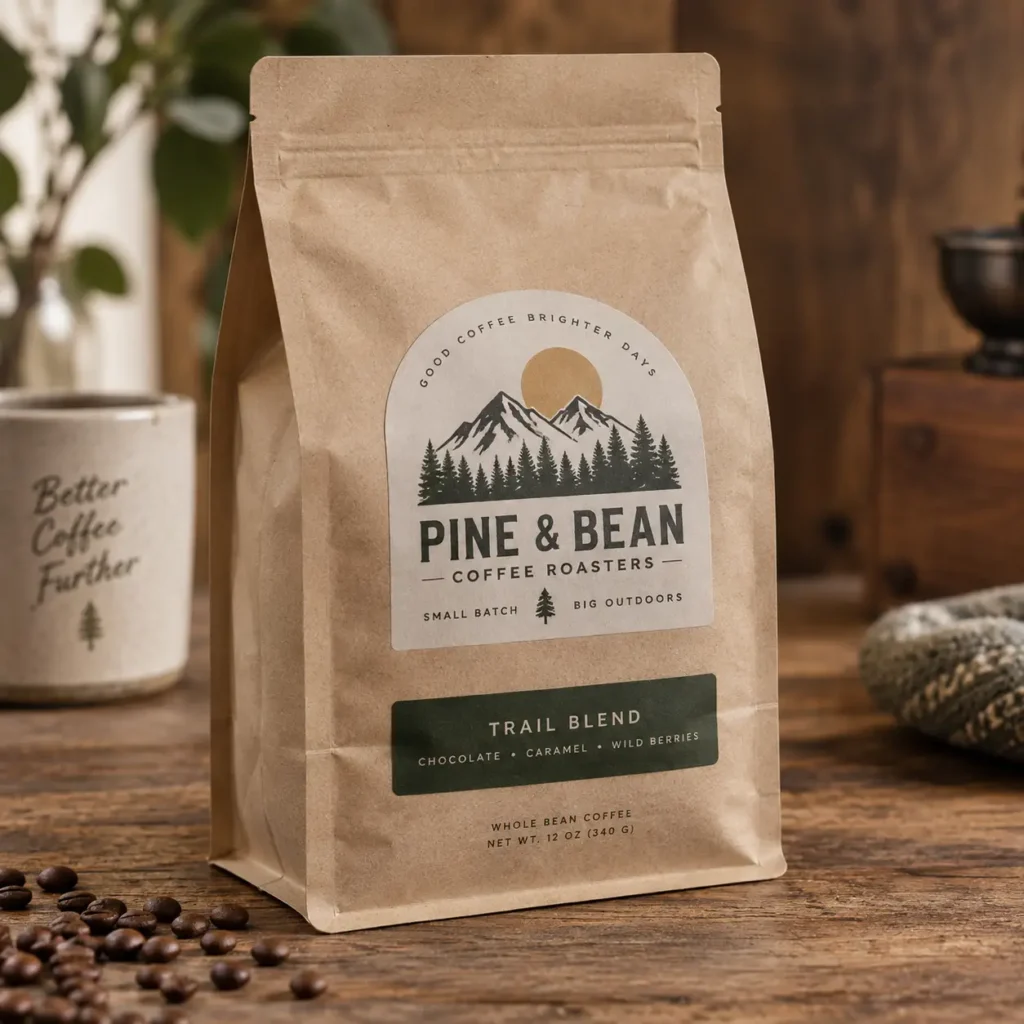 Kraft paper coffee bag packaging design for Pine & Bean Coffee Roasters Trail Blend with mountain logo, dark green label, rustic wood background