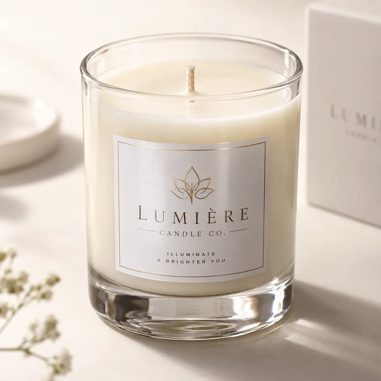 Lumière Candle Co. luxury glass jar candle with gold logo label, white wax, cotton wick, elegant minimalist packaging design