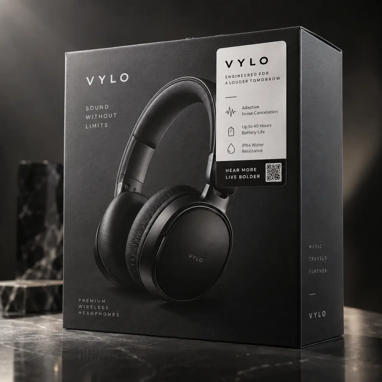 Black VYLO premium wireless headphones packaging box with adaptive noise cancellation, 40hr battery, IPX4, matte luxury design