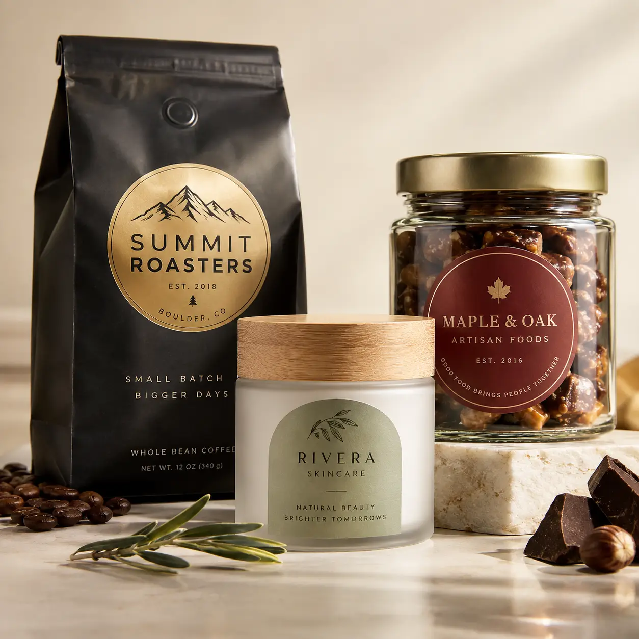 Three artisan product labels on black coffee bag, frosted skincare jar, and glass food jar with warm neutral styling