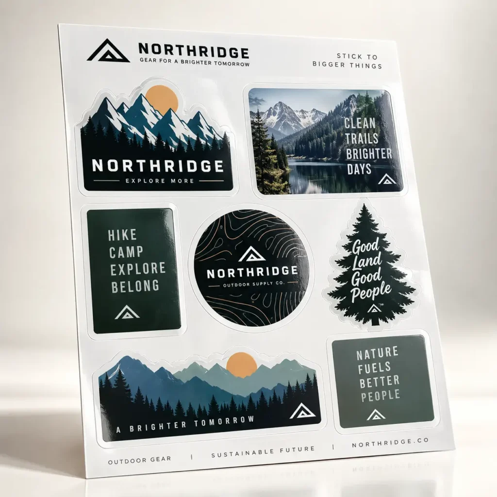 Northridge outdoor brand sticker sheet featuring mountain, pine tree, and lake designs in dark green, blue, and gold tones