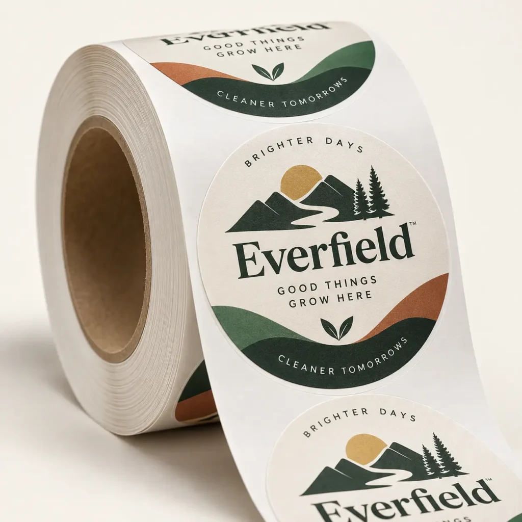 Roll of custom round stickers featuring Evergreen Everfield brand logo with mountains, earth tones, and nature taglines