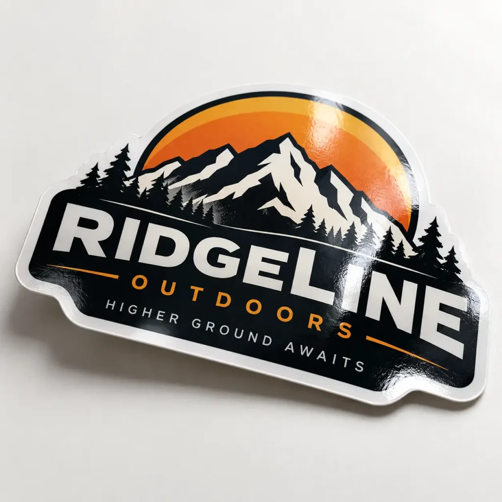 Black orange white die-cut outdoor brand sticker with mountains trees sunset reading Ridgeline Outdoors Higher Ground Awaits