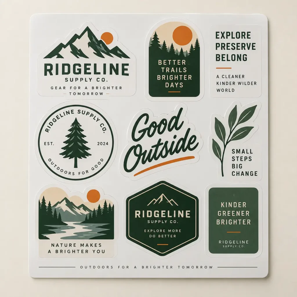 Ridgeline Supply Co. outdoor sticker sheet with green mountain, forest, and nature designs on white background for custom sticker printing