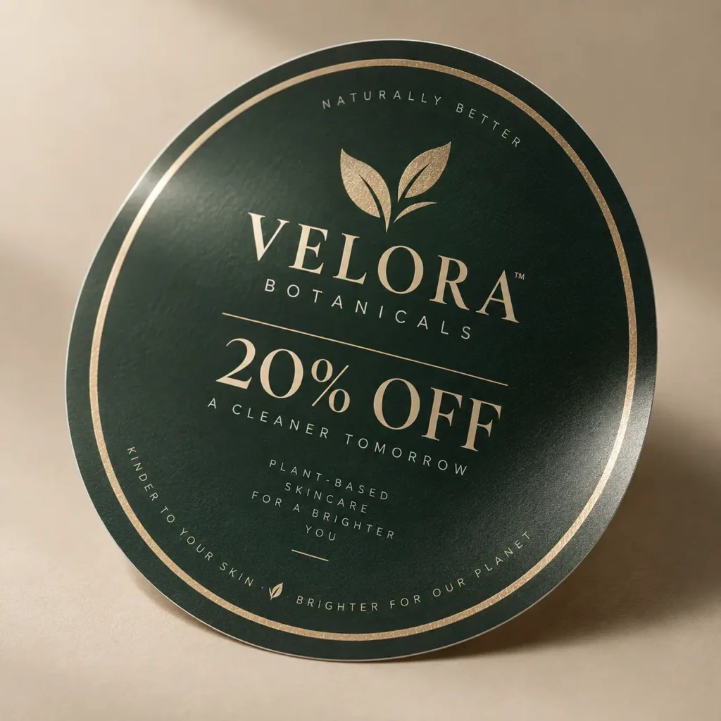 Dark green circular sticker label for Velora Botanicals featuring gold leaf logo, 20% off promotional discount, plant-based skincare branding