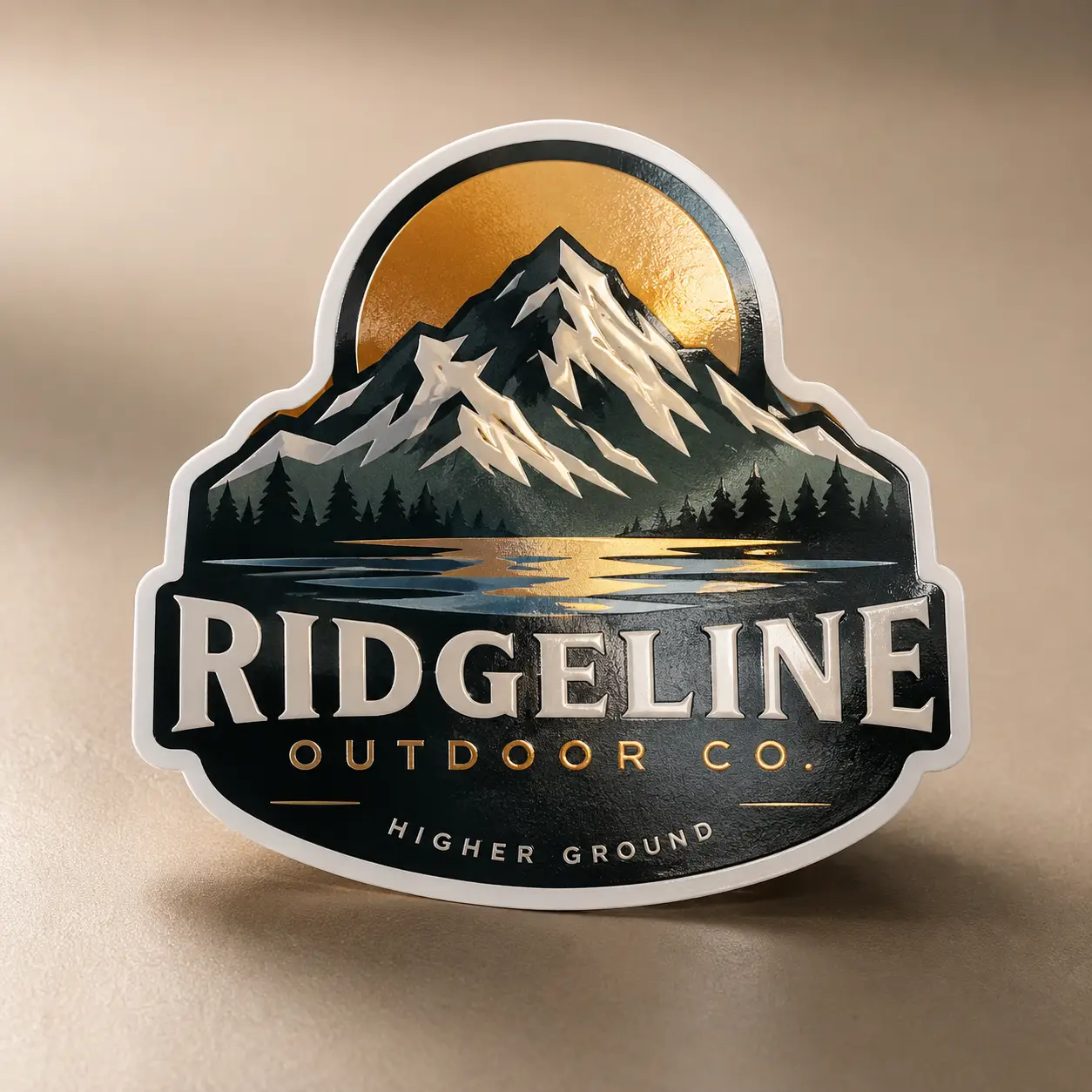 Dark mountain lake sticker with gold sun, snow peaks, pine trees, bold white RIDGELINE OUTDOOR CO text, custom die-cut badge label