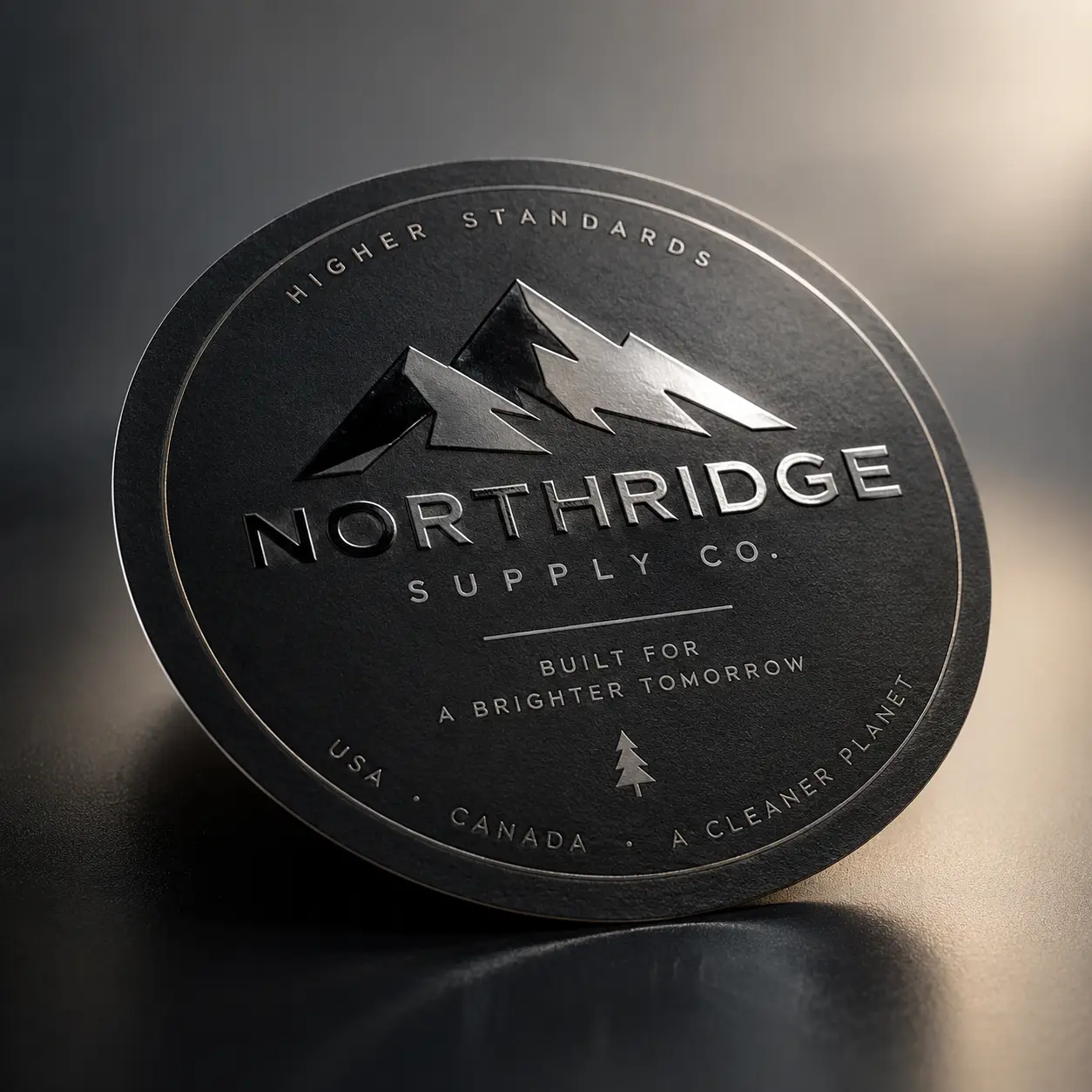 Dark embossed round business card for Northridge Supply Co. with silver mountain logo on matte black premium packaging