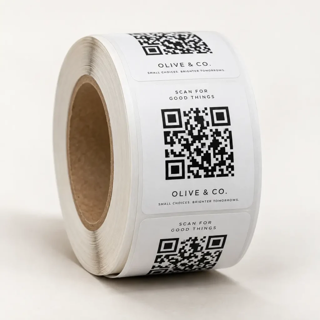 Roll of white custom QR code sticker labels for Olive & Co. brand, printed in black with scan prompt text
