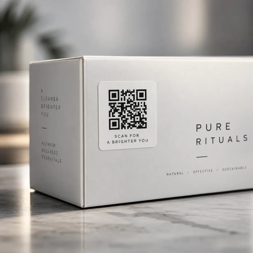 White luxury wellness box packaging with QR code sticker for Pure Rituals brand on marble surface, minimalist premium design