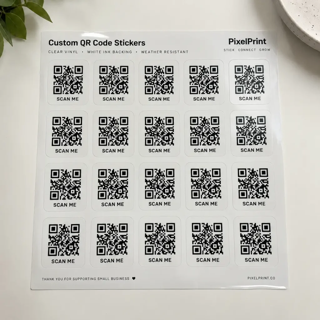 Custom QR code sticker sheet with 20 clear vinyl white-backed SCAN ME labels by PixelPrint on white surface