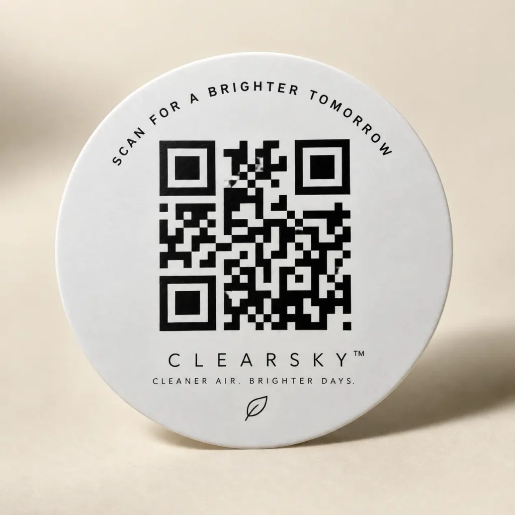 White circular product packaging lid for ClearSky brand featuring QR code, scan prompt, and cleaner air tagline