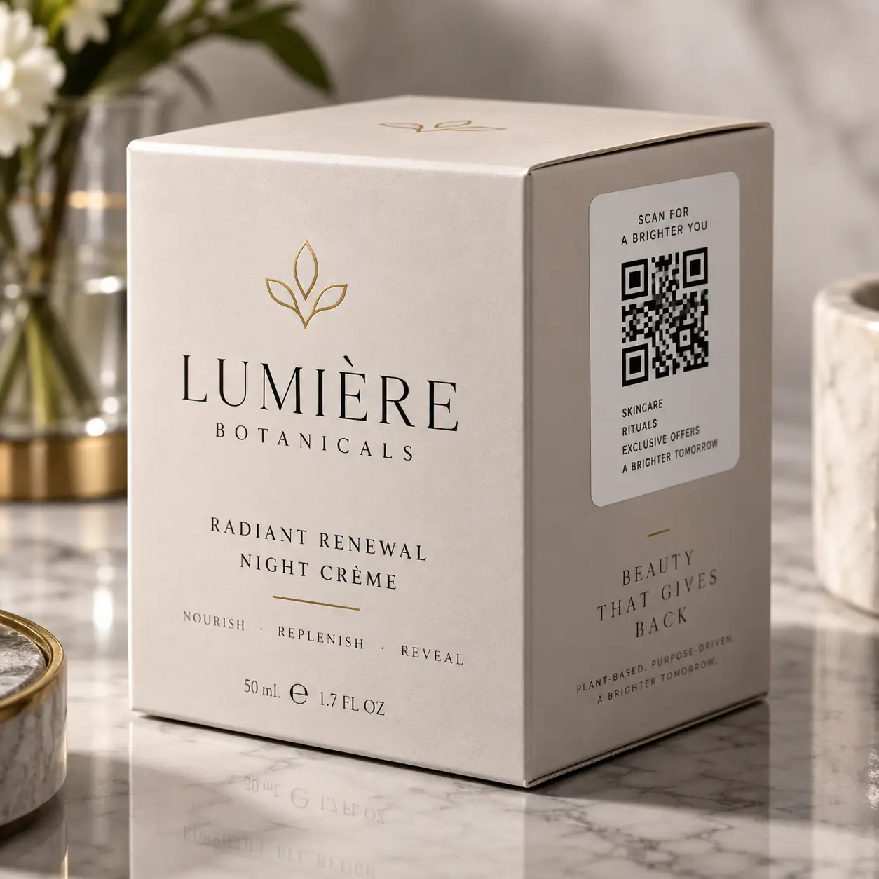 Lumière Botanicals Radiant Renewal Night Crème 50ml luxury skincare packaging box in cream and gold on marble surface