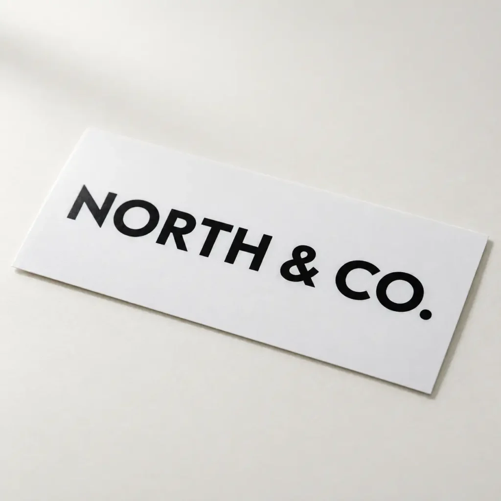 White rectangular sticker with bold black NORTH & CO. branding, minimalist custom label design on light background