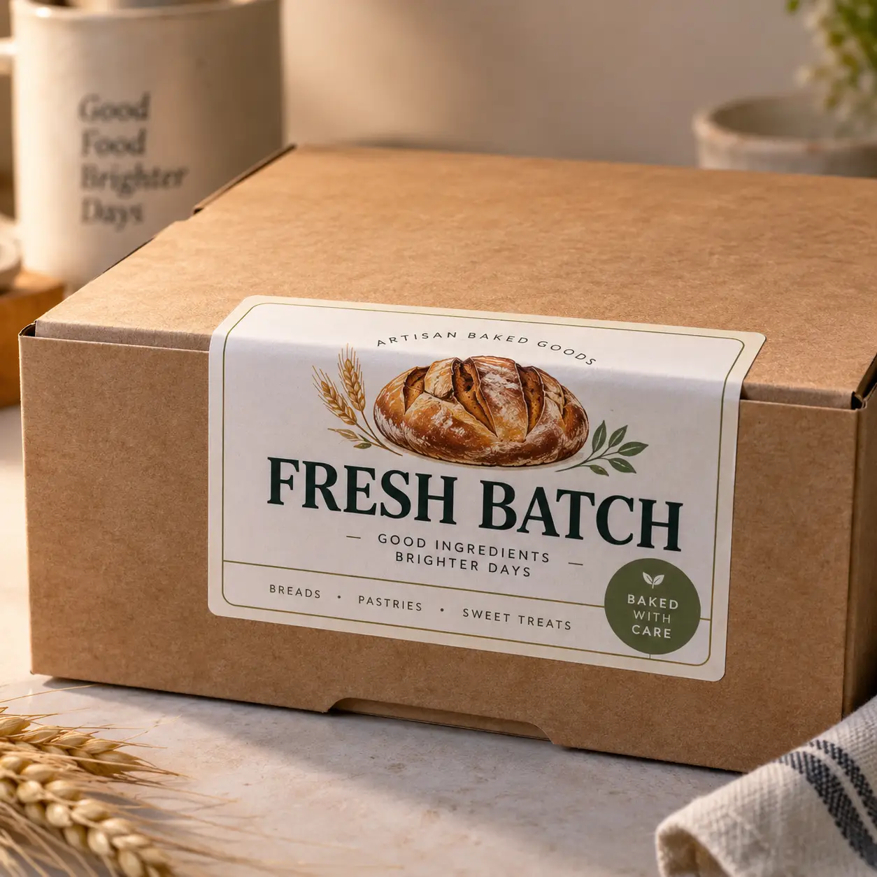 Kraft cardboard bakery box with white Fresh Batch artisan bread label, wheat sprigs, green accents, custom packaging design