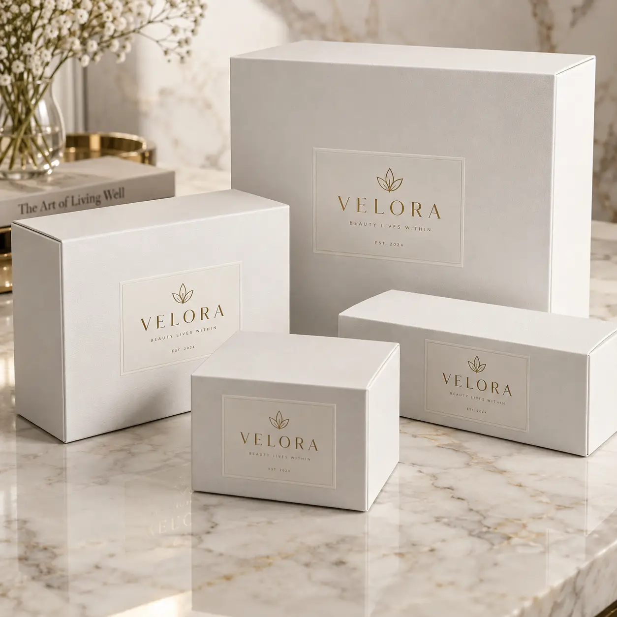 Luxury white gift boxes with gold Velora branding on marble surface, elegant beauty packaging design by The Packaging Masters