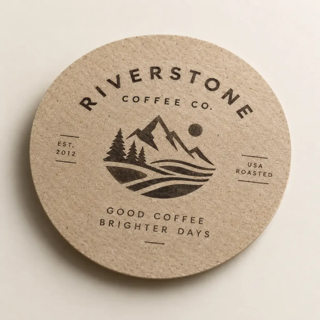 Riverstone Coffee Co. round kraft paper coaster, EST. 2012, mountain forest logo, Good Coffee Brighter Days, USA Roasted, custom packaging