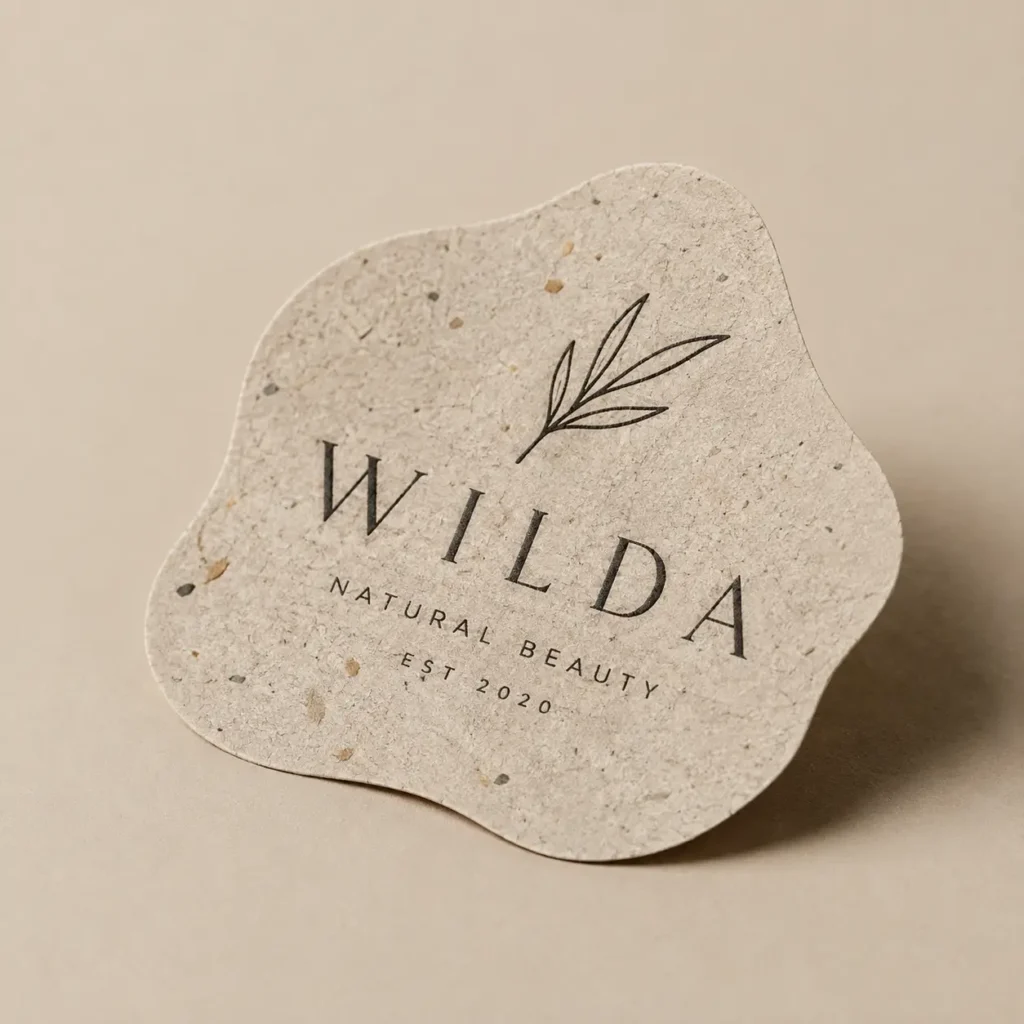 Wilda Natural Beauty EST 2020 organic kraft paper logo tag with botanical leaf design, beige tones, eco-friendly packaging branding