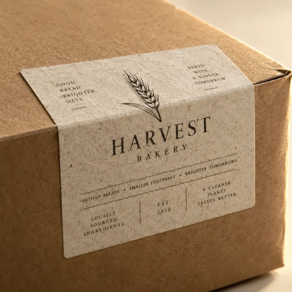 Harvest Bakery kraft paper bread packaging with natural fiber label, wheat illustration, artisan branding, eco-friendly box design 2018