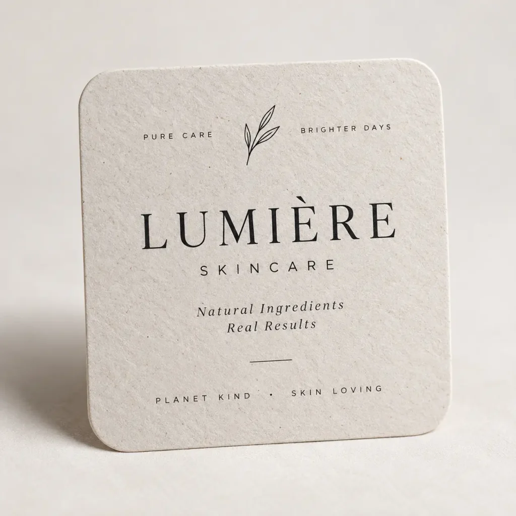 Lumière Skincare beige recycled cardboard square packaging with rounded corners, minimalist botanical logo, natural skincare branding
