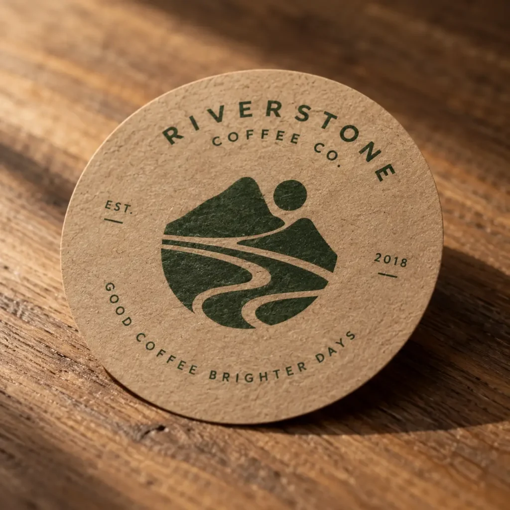 Kraft paper coffee coaster printed with dark green Riverstone Coffee Co. logo, river and mountain design, wooden table background