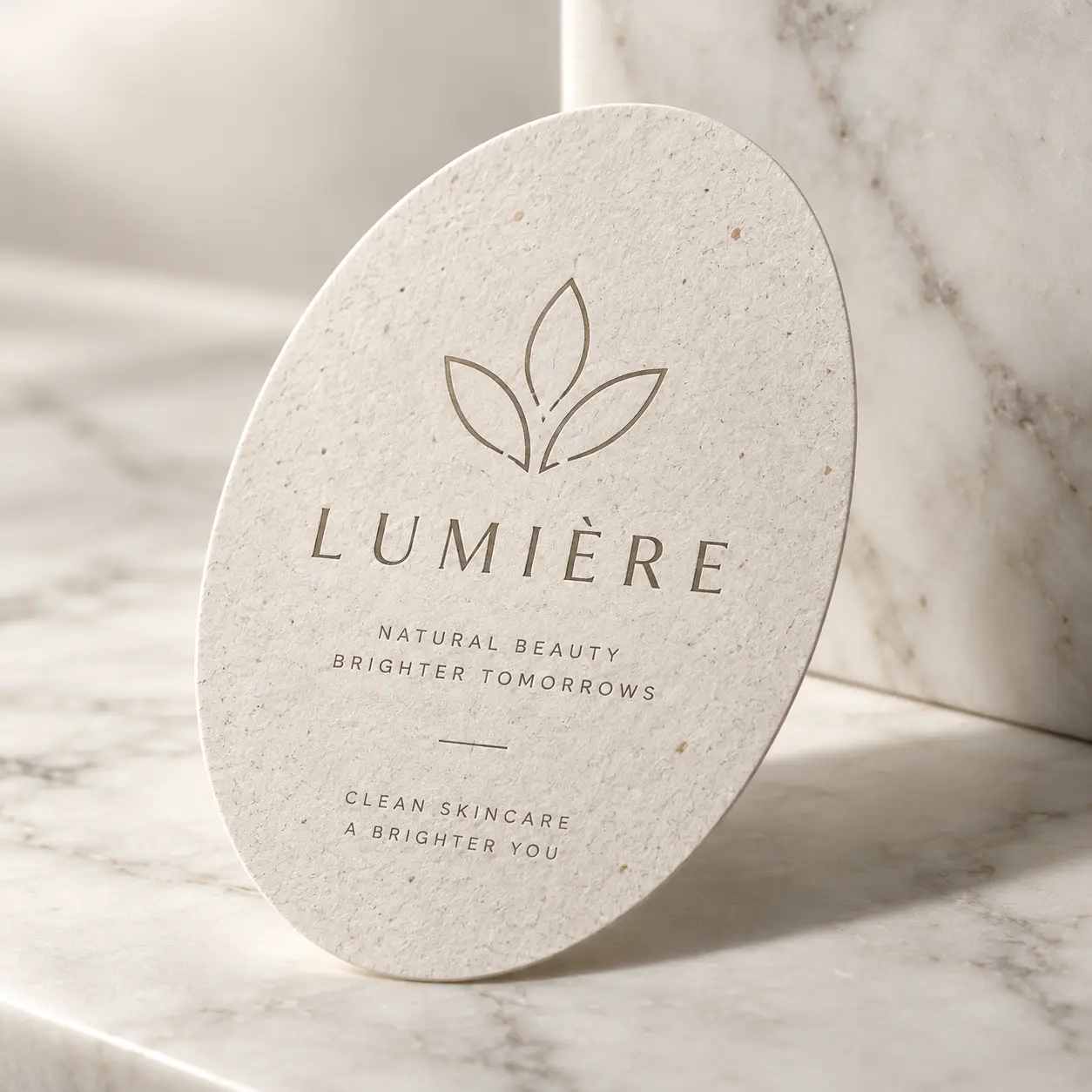 Lumière clean skincare oval logo card on marble, cream textured paper, gold leaf emblem, luxury natural beauty packaging design