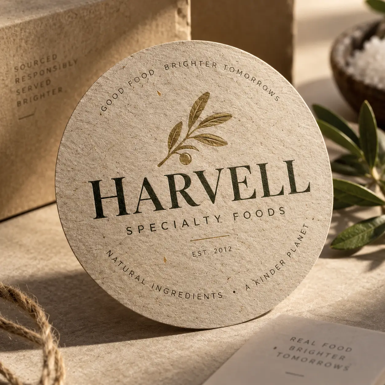 Harvell Specialty Foods circular kraft paper logo coaster, olive branch design, EST. 2012, natural beige tones, rustic food brand packaging