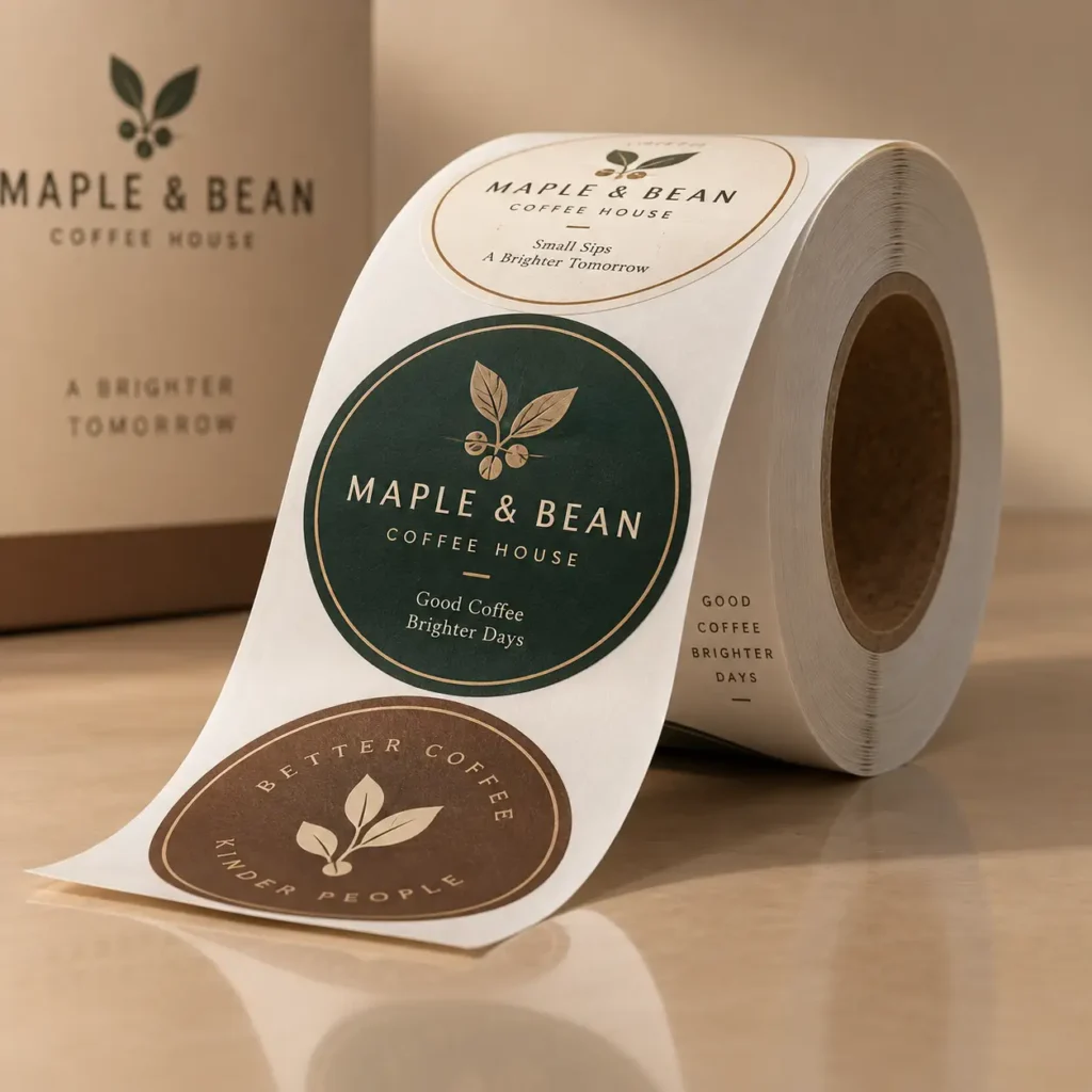 Roll of custom coffee shop sticker labels for Maple & Bean Coffee House in green, brown, and cream tones on kraft packaging
