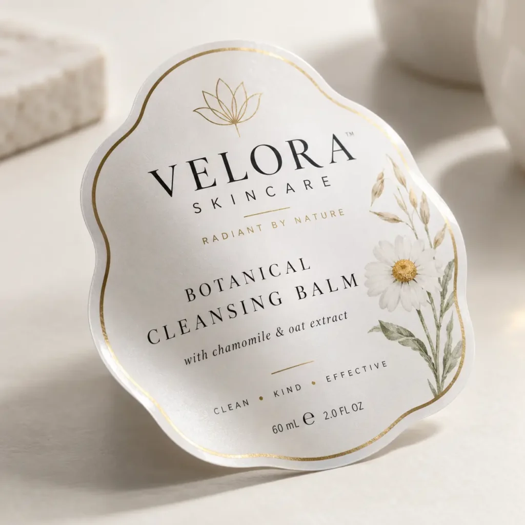 Velora Skincare Botanical Cleansing Balm label with gold border, chamomile illustration, white background, luxury product packaging design