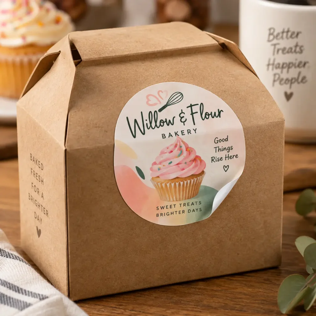 Kraft bakery gift box with Willow & Flour round sticker label, cupcake packaging, custom printed logo sticker on brown takeout box