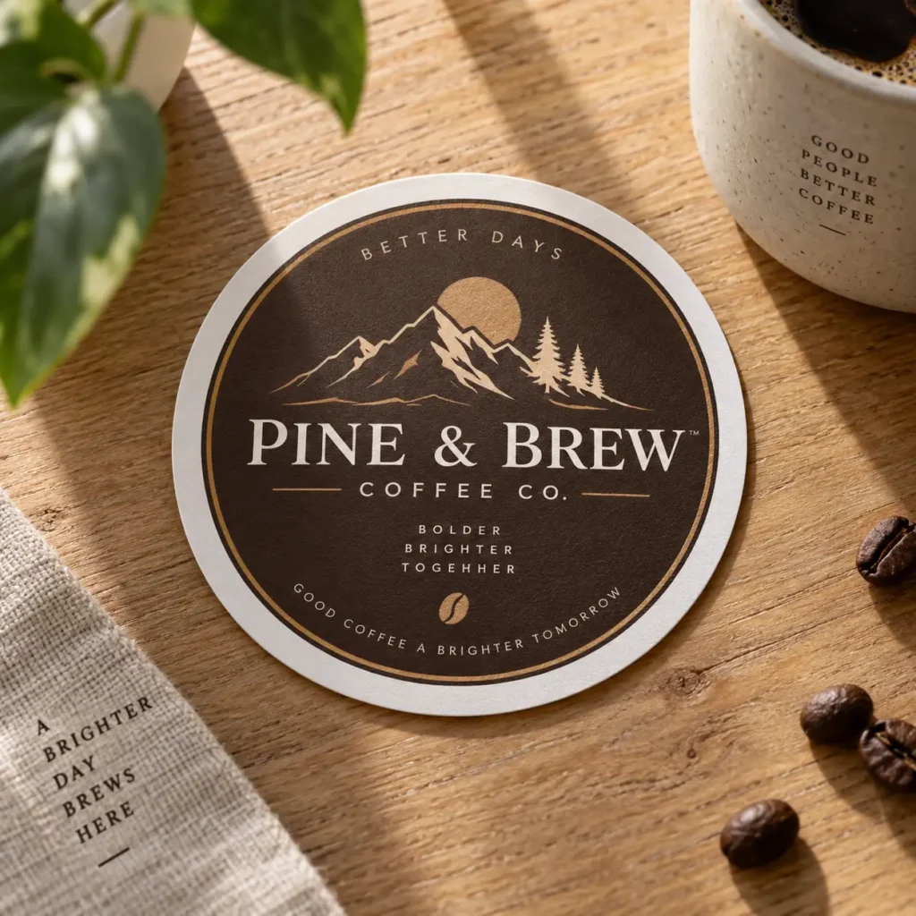 Round dark brown Pine & Brew Coffee Co. coaster with gold mountain logo on wood surface beside coffee cup and beans