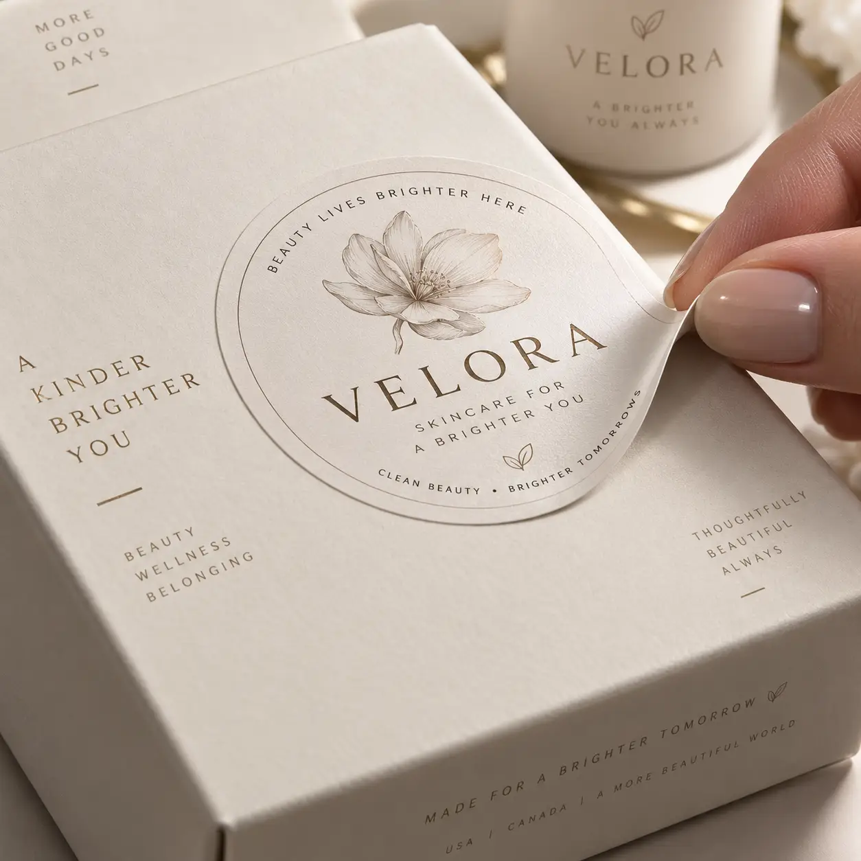 Velora skincare luxury white gift box packaging with floral sticker label, gold text, clean beauty branding, elegant unboxing