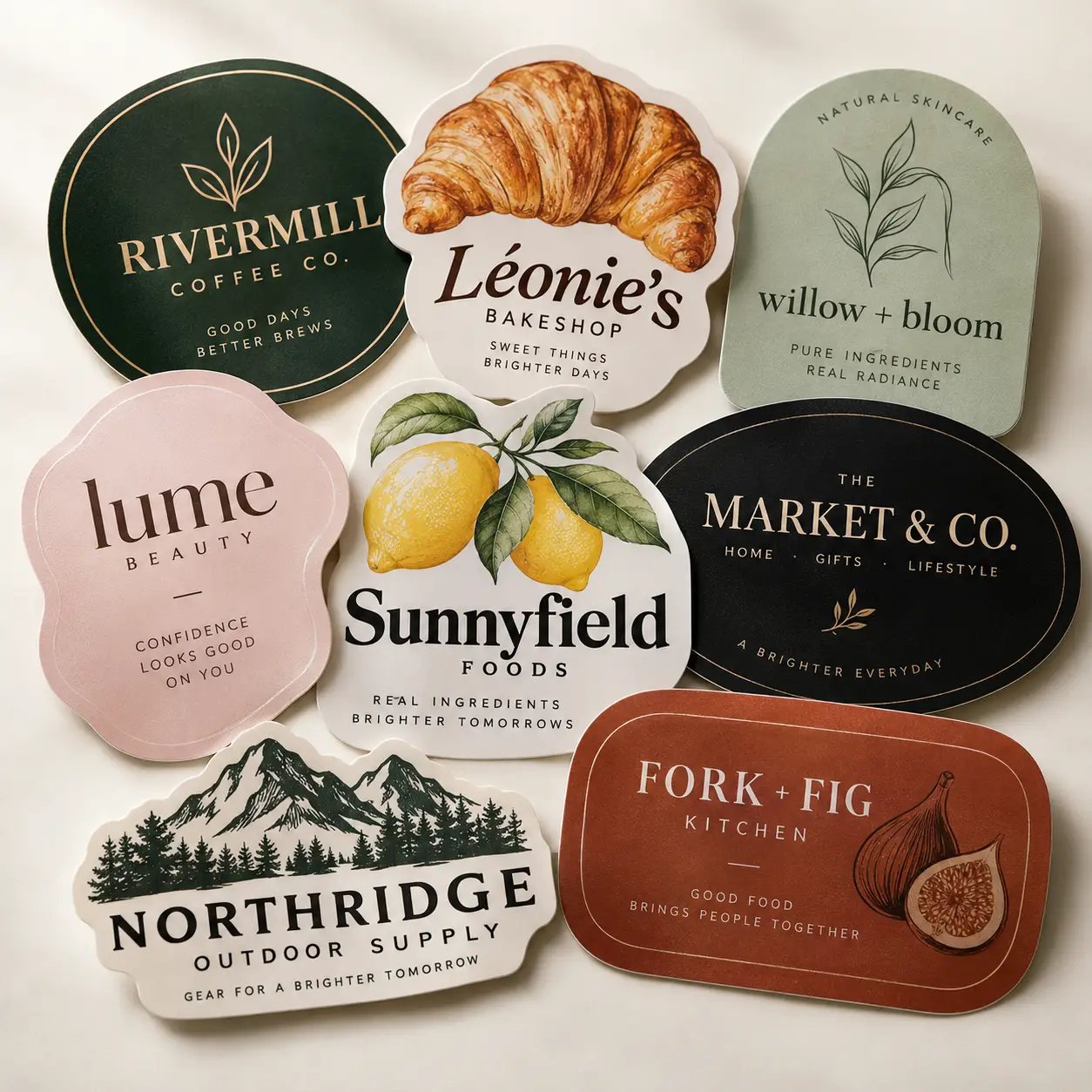 Custom die-cut sticker labels collection featuring bakery, coffee, beauty, and food brand designs in green, pink, black, and terracotta