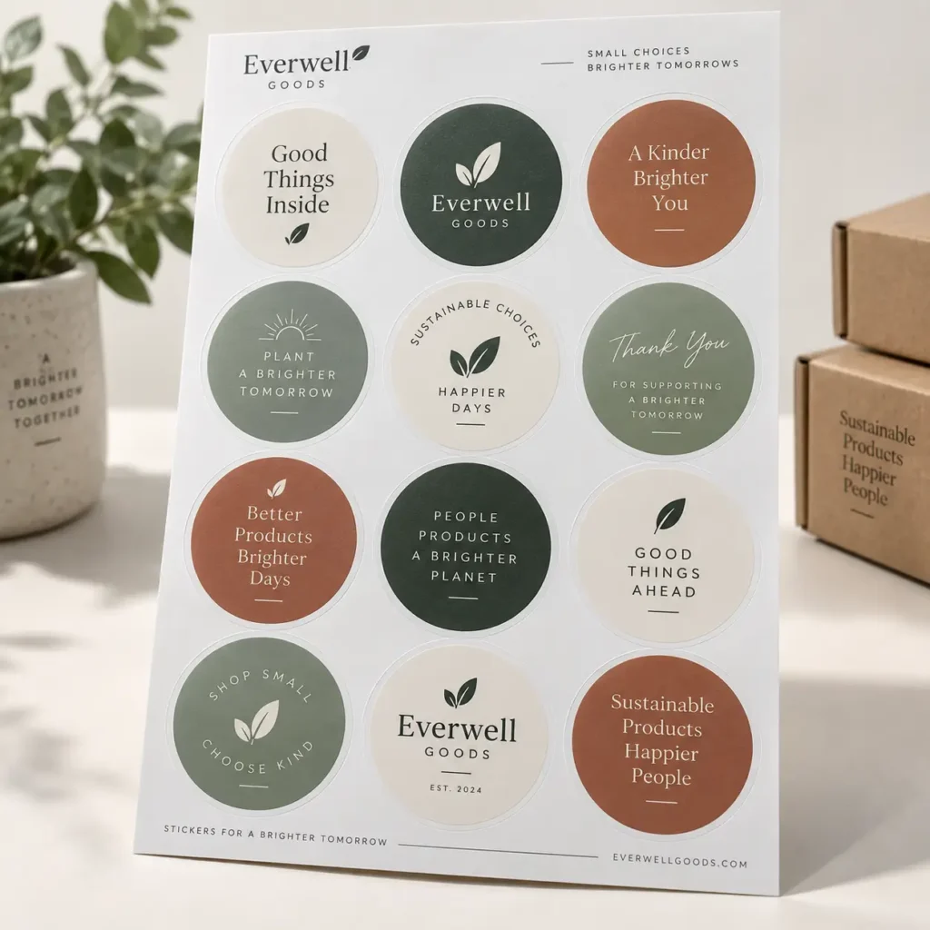 Everwell Goods sustainable sticker sheet with sage green, terracotta, and cream round stickers featuring eco-friendly branding messages