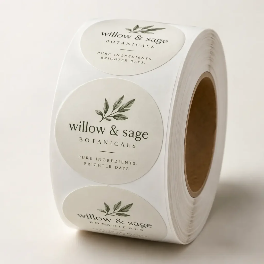 Roll of custom round stickers for Willow & Sage Botanicals brand, cream white labels with green leaf design on white background