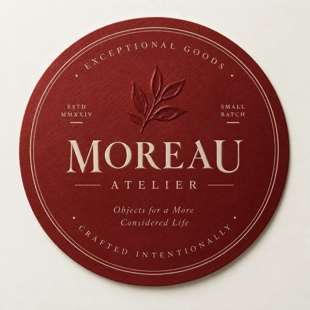 Deep red circular coaster badge for Moreau Atelier, embossed leaf logo, cream serif typography, luxury small batch branding design