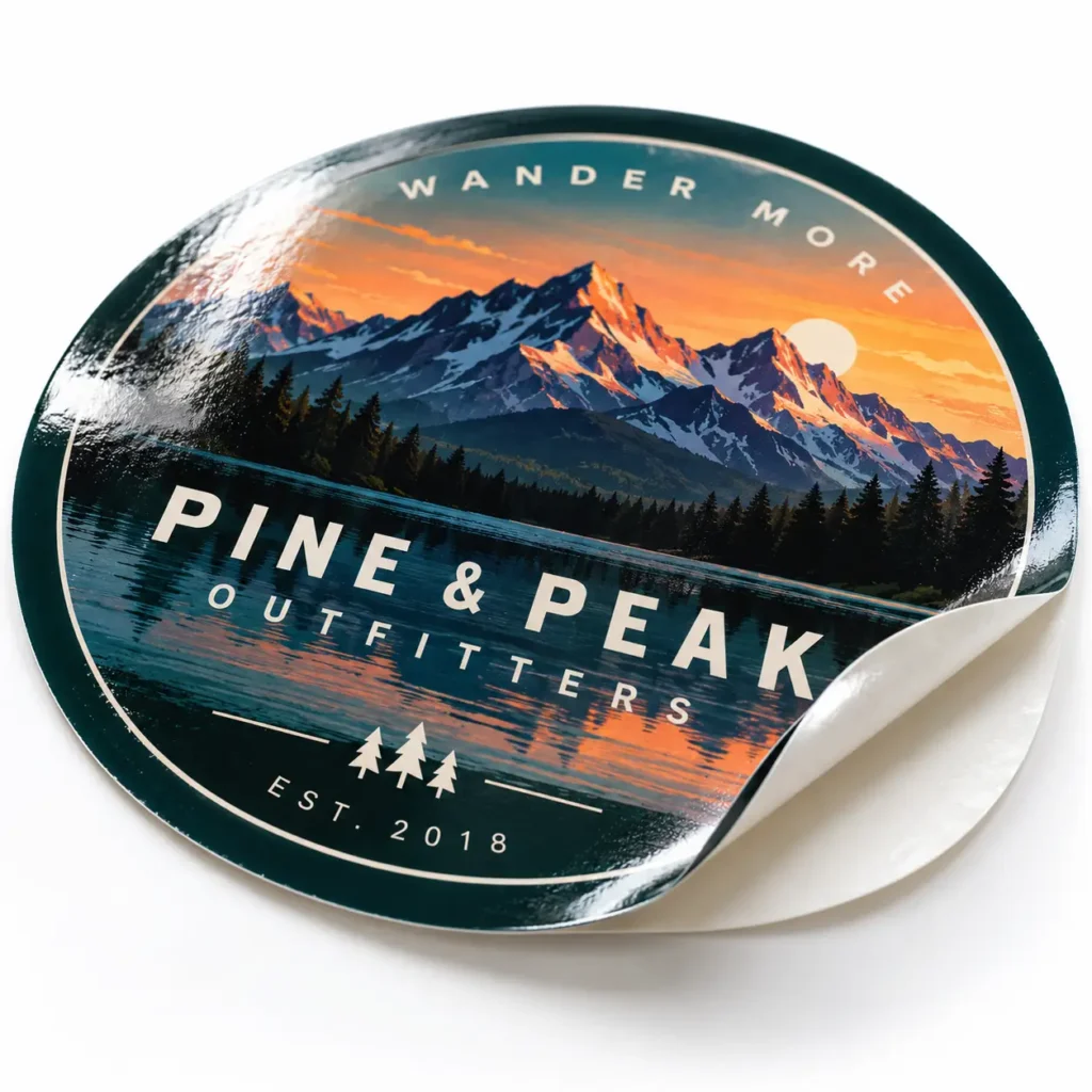 Round glossy custom sticker for Pine & Peak Outfitters, teal mountain sunset design, peeling corner, EST. 2018, Wander More text