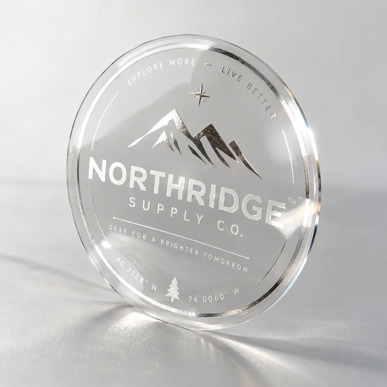 Clear acrylic round logo medallion engraved with Northridge Supply Co silver mountain branding, custom packaging design by The Packaging Masters