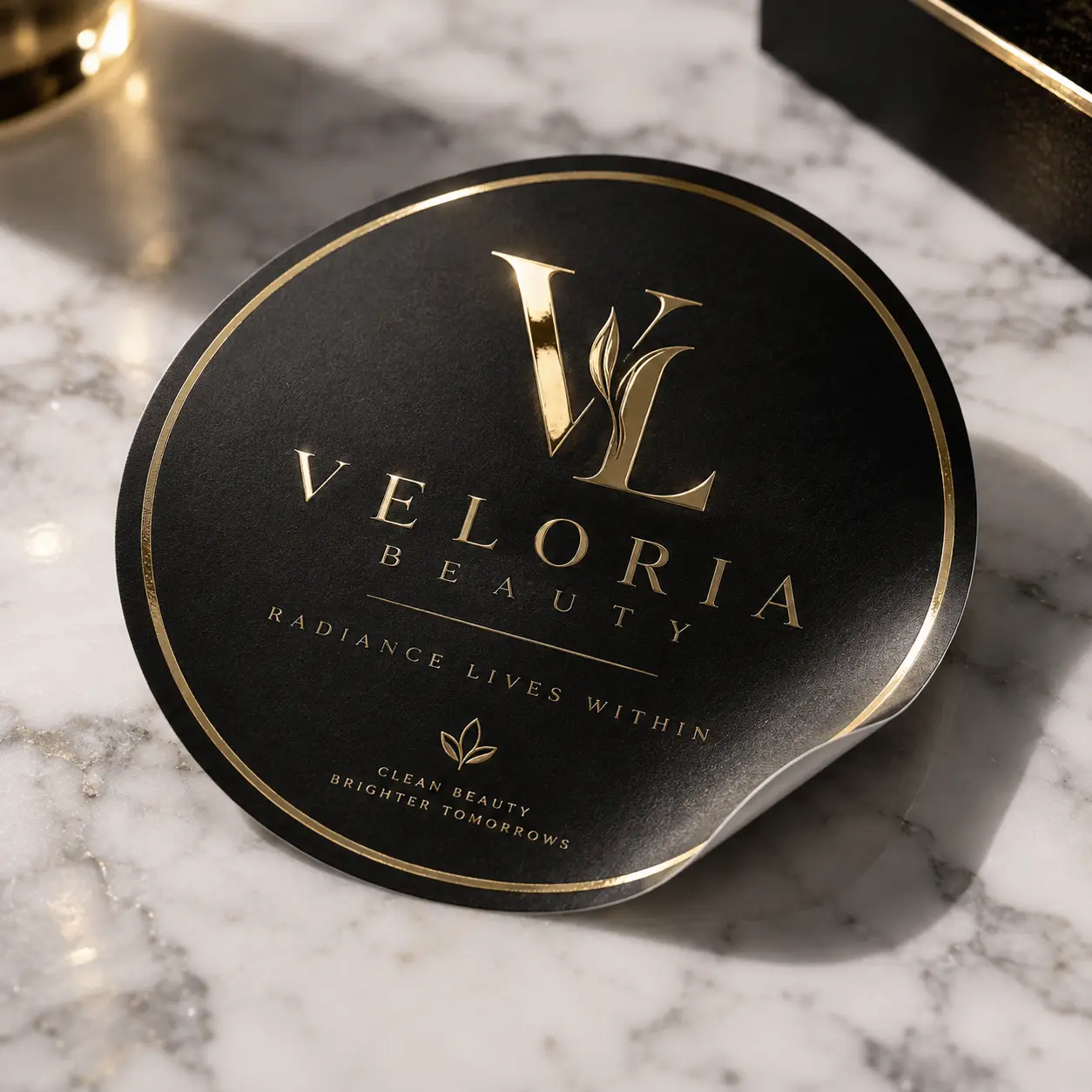 Veloria Beauty luxury black gold round packaging label on marble surface with VL monogram and clean beauty branding