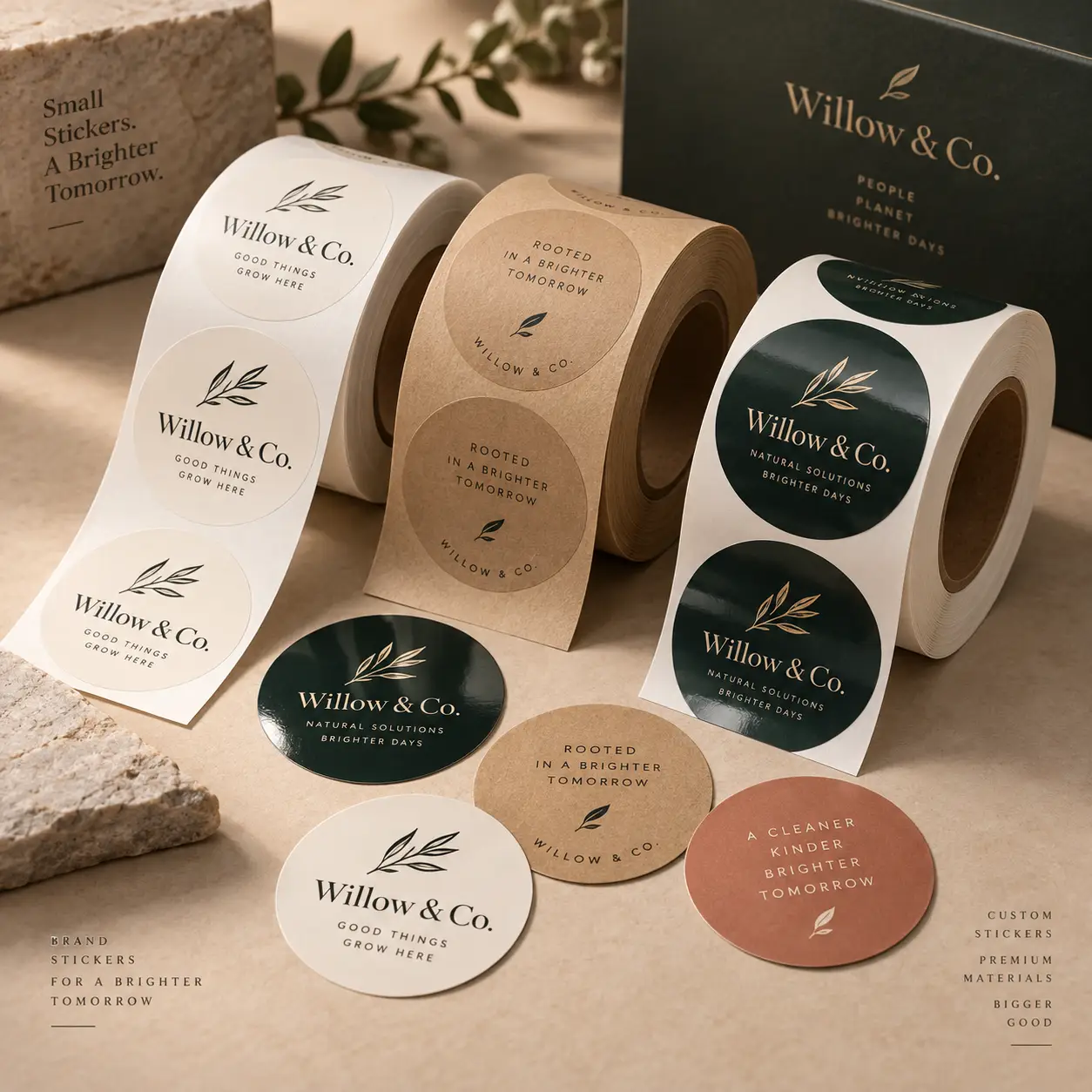 Three rolls of custom brand stickers for Willow & Co. in cream, kraft, and dark green on beige surface with elegant botanical logo design