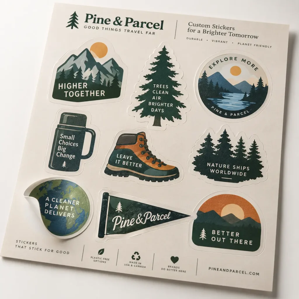 Pine & Parcel custom eco sticker sheet featuring nature-themed designs in green, gold, and blue tones for sustainable brand packaging