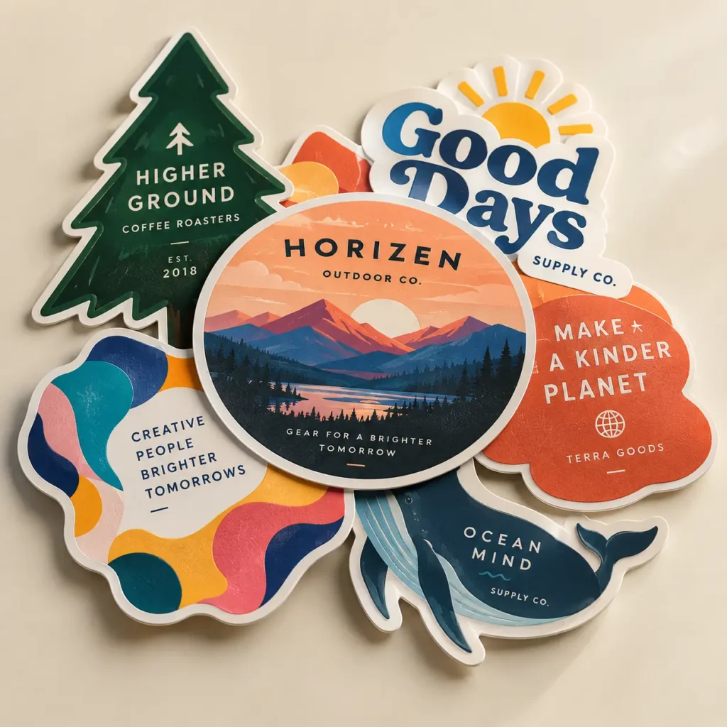 Custom die-cut stickers collection featuring pine tree, whale, mountain landscape, and colorful brand logos on white background