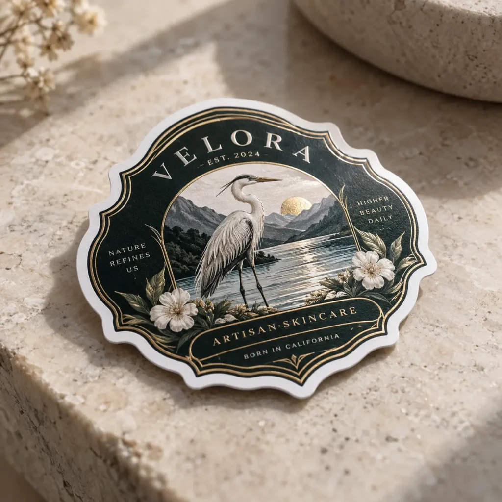 Velora artisan skincare sticker label featuring heron bird, dark green gold foil design, floral accents, California brand packaging