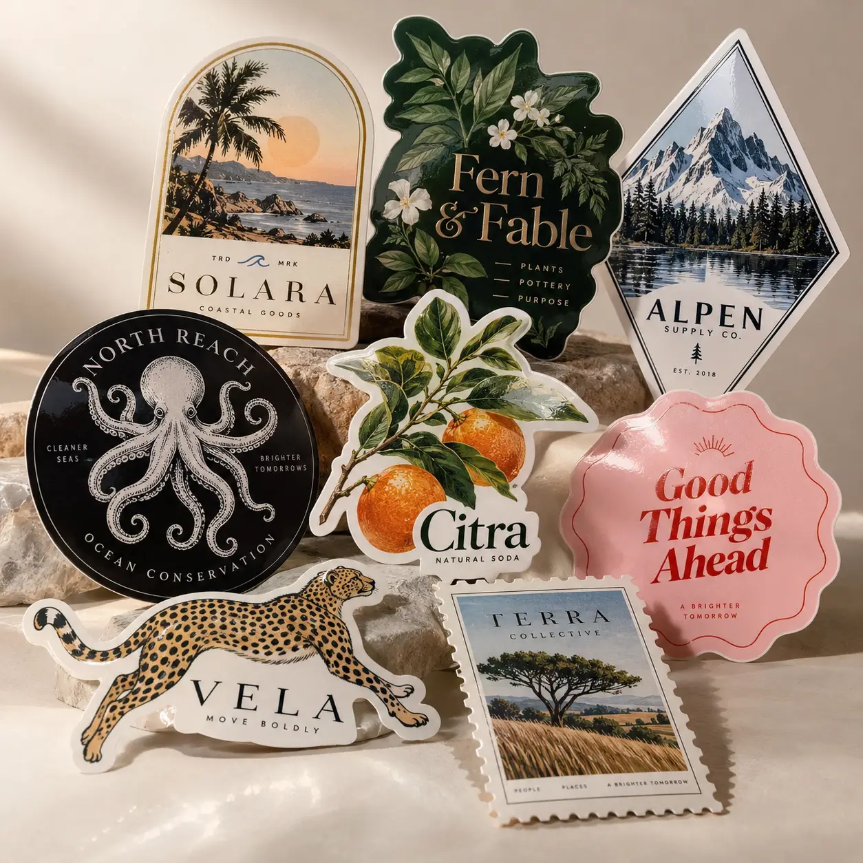 Custom die-cut stickers collection featuring coastal, botanical, wildlife, and motivational designs in vibrant colors for brand packaging