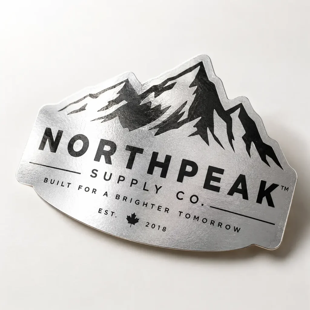 Silver metallic die-cut sticker for Northpeak Supply Co. featuring mountain peaks, bold black typography, est. 2018, Canadian maple leaf