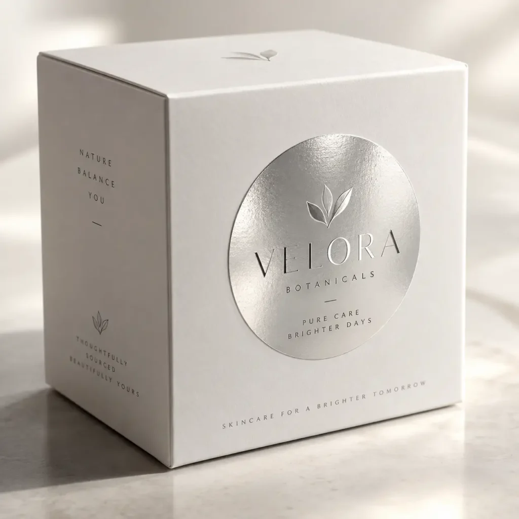 Velora Botanicals luxury white skincare box with silver foil circular logo, minimalist premium cosmetic packaging design on marble surface